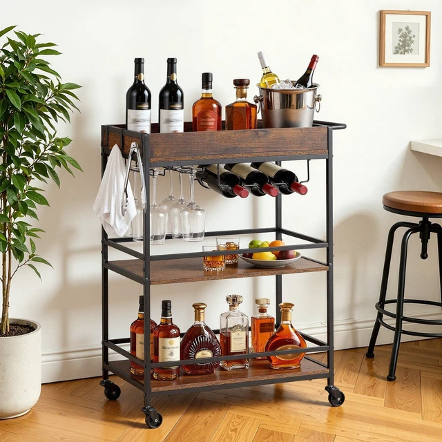 Main image of VEVOR Bar Cart, 3 Tiers Home Kitchen Serving Carts, Industrial Rolling Utility Station on Wheel, Mobile Drink Beverage Shelf with Wine Rack & Glass Holder, 26.77x14.17x32.68 in, Rustic Brown and Black