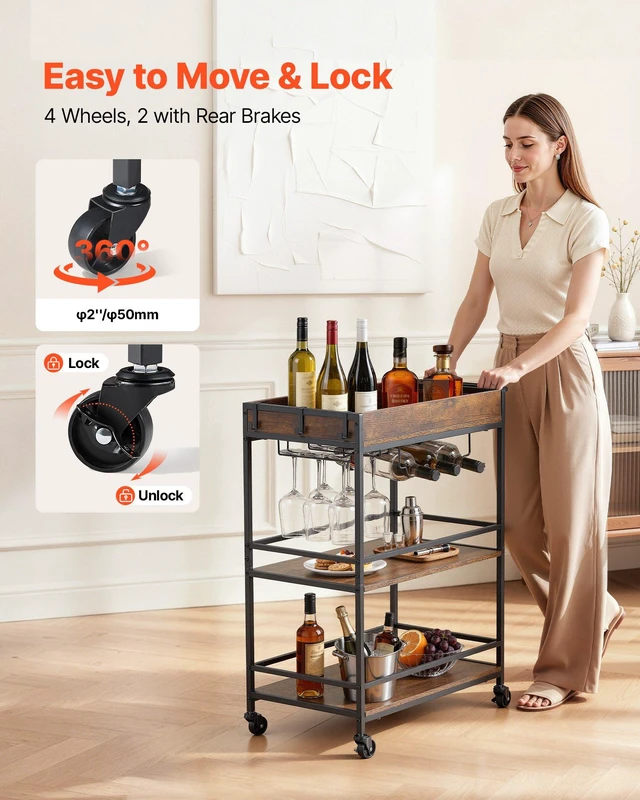 Alt view image 3 of 8 - VEVOR Bar Cart, 3 Tiers Home Kitchen Serving Carts, Industrial Rolling Utility Station on Wheel, Mobile Drink Beverage Shelf with Wine Rack & Glass Holder, 26.77x14.17x32.68 in, Rustic Brown and Black