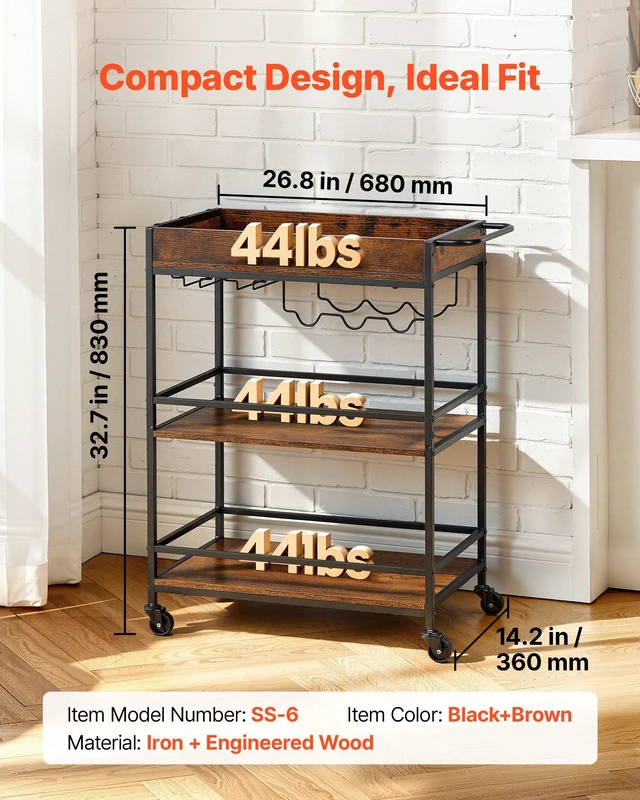 Alt view image 2 of 8 - VEVOR Bar Cart, 3 Tiers Home Kitchen Serving Carts, Industrial Rolling Utility Station on Wheel, Mobile Drink Beverage Shelf with Wine Rack & Glass Holder, 26.77x14.17x32.68 in, Rustic Brown and Black
