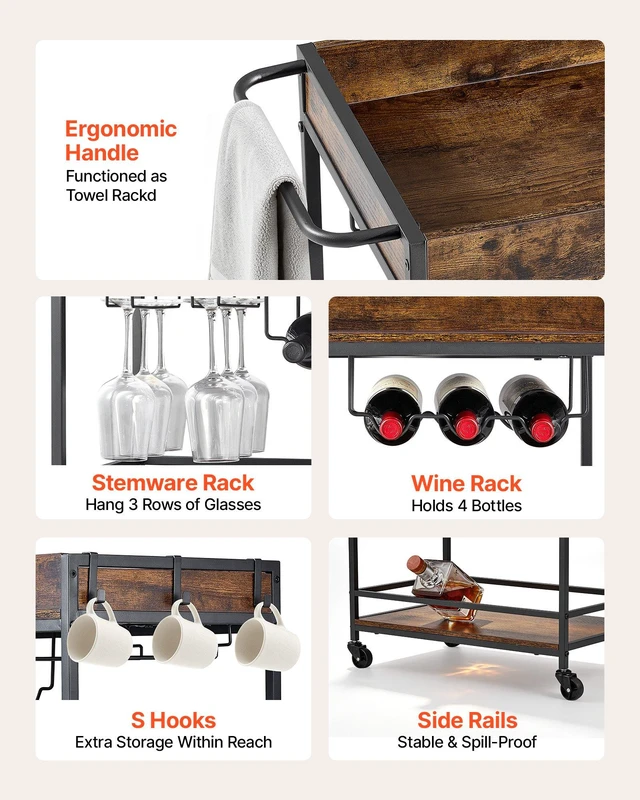 Alt view image 4 of 8 - VEVOR Bar Cart, 3 Tiers Home Kitchen Serving Carts, Industrial Rolling Utility Station on Wheel, Mobile Drink Beverage Shelf with Wine Rack & Glass Holder, 26.77x14.17x32.68 in, Rustic Brown and Black