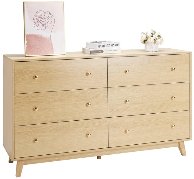 Main image of VEVOR 6 Drawer Dresser, Wooden Chest of Drawers with Sliding with Anti-tip Device, Modern Minimalist Dresser Chest, Closet Storage Organizer for Living Room, Hallway, Bedroom, Entryway, Light Wood