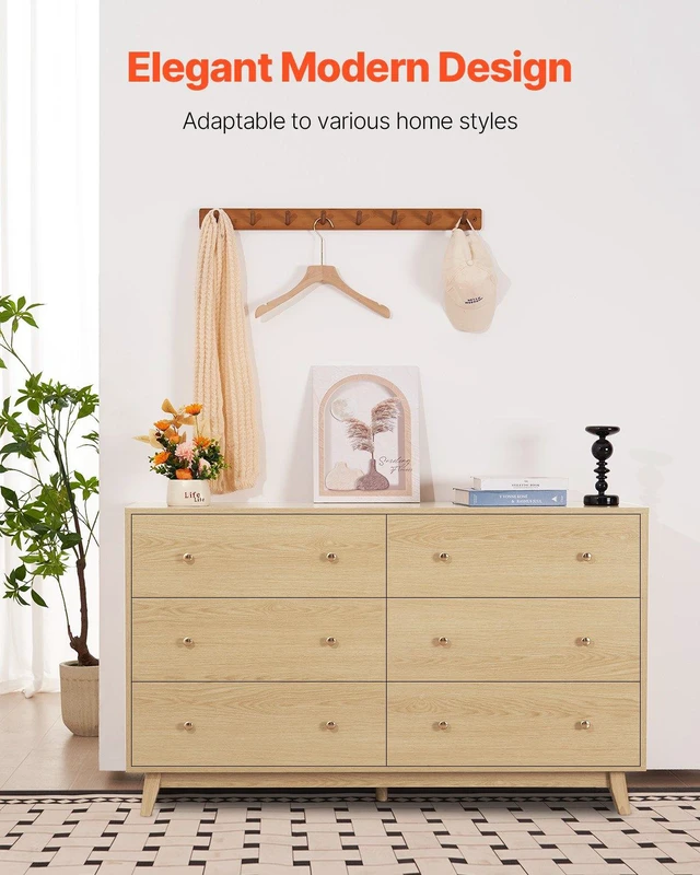 Alt view image 2 of 8 - VEVOR 6 Drawer Dresser, Wooden Chest of Drawers with Sliding with Anti-tip Device, Modern Minimalist Dresser Chest, Closet Storage Organizer for Living Room, Hallway, Bedroom, Entryway, Light Wood