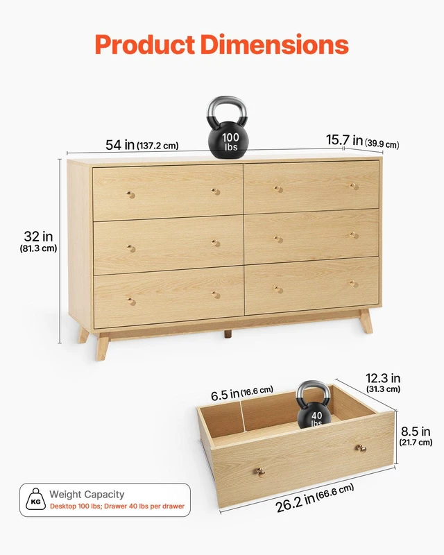 Alt view image 3 of 8 - VEVOR 6 Drawer Dresser, Wooden Chest of Drawers with Sliding with Anti-tip Device, Modern Minimalist Dresser Chest, Closet Storage Organizer for Living Room, Hallway, Bedroom, Entryway, Light Wood