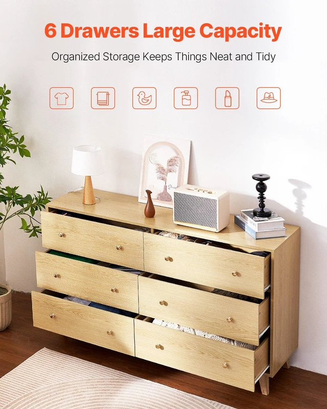 Alt view image 4 of 8 - VEVOR 6 Drawer Dresser, Wooden Chest of Drawers with Sliding with Anti-tip Device, Modern Minimalist Dresser Chest, Closet Storage Organizer for Living Room, Hallway, Bedroom, Entryway, Light Wood