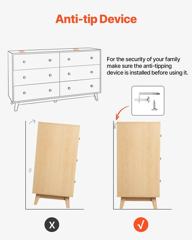 Alt view image 7 of 8 - VEVOR 6 Drawer Dresser, Wooden Chest of Drawers with Sliding with Anti-tip Device, Modern Minimalist Dresser Chest, Closet Storage Organizer for Living Room, Hallway, Bedroom, Entryway, Light Wood