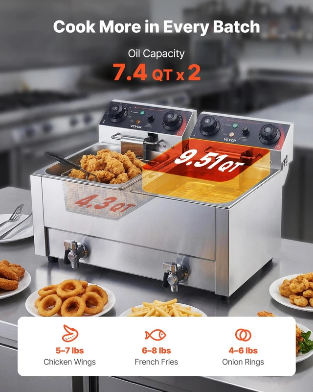 Alt view image 3 of 8 - VEVOR Commercial Electric Deep Fryer, Upgrade Dual Tank 19 Qt, 3500W Stainless Steel Countertop Fryer with Baskets & Lids, Temp Control, Timer, Overheat Protection, for Commercial Restaurant, Silver