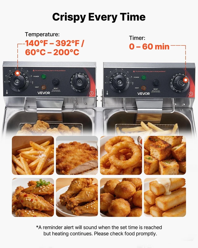 Alt view image 6 of 8 - VEVOR Commercial Electric Deep Fryer, Upgrade Dual Tank 19 Qt, 3500W Stainless Steel Countertop Fryer with Baskets & Lids, Temp Control, Timer, Overheat Protection, for Commercial Restaurant, Silver