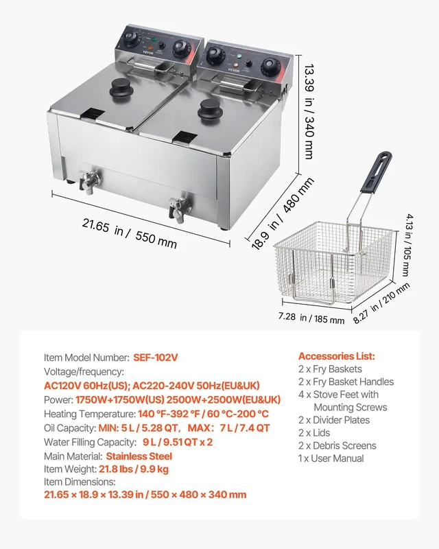 Alt view image 7 of 8 - VEVOR Commercial Electric Deep Fryer, Upgrade Dual Tank 19 Qt, 3500W Stainless Steel Countertop Fryer with Baskets & Lids, Temp Control, Timer, Overheat Protection, for Commercial Restaurant, Silver