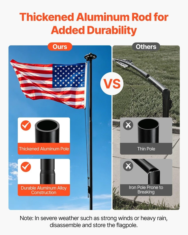Alt view image 2 of 8 - VEVOR Flag Pole, 25ft Heavy Duty Sectional Flagpole Kit with 136 LED Solar Light for Outside House In Ground, Outdoor Aluminum Flagpole with 3x5 American Flag for Yard, Residential, Commercial, Black