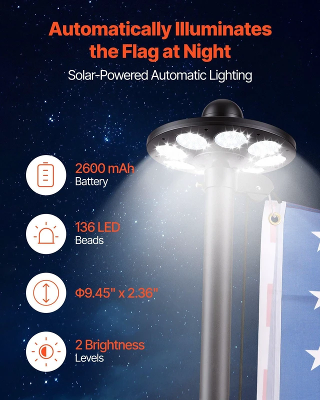 Alt view image 3 of 8 - VEVOR Flag Pole, 25ft Heavy Duty Sectional Flagpole Kit with 136 LED Solar Light for Outside House In Ground, Outdoor Aluminum Flagpole with 3x5 American Flag for Yard, Residential, Commercial, Black