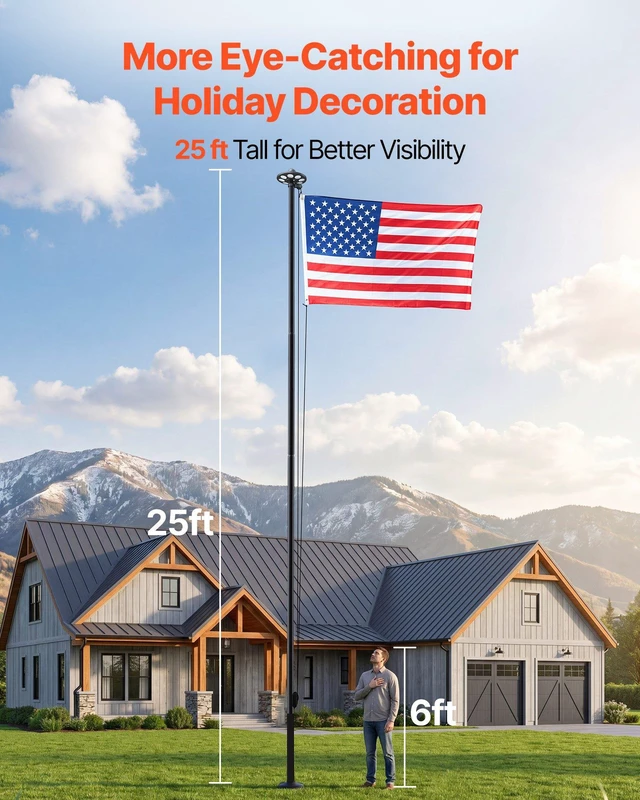 Alt view image 4 of 8 - VEVOR Flag Pole, 25ft Heavy Duty Sectional Flagpole Kit with 136 LED Solar Light for Outside House In Ground, Outdoor Aluminum Flagpole with 3x5 American Flag for Yard, Residential, Commercial, Black