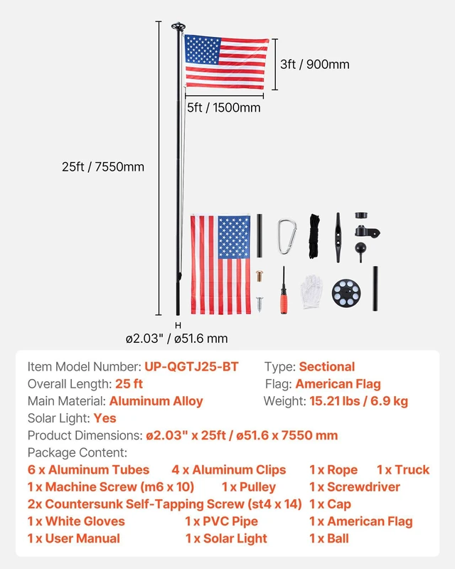 Alt view image 7 of 8 - VEVOR Flag Pole, 25ft Heavy Duty Sectional Flagpole Kit with 136 LED Solar Light for Outside House In Ground, Outdoor Aluminum Flagpole with 3x5 American Flag for Yard, Residential, Commercial, Black