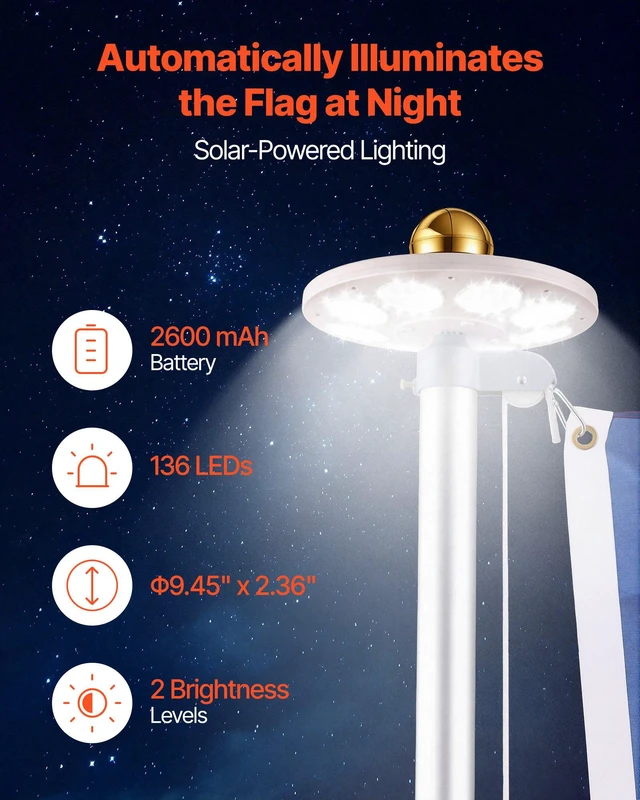 Alt view image 3 of 8 - VEVOR Flag Pole, 20ft Heavy Duty Sectional Flagpole Kit with 136 LED Solar Light for Outside House In Ground, Outdoor Aluminum Flagpole with 3x5 American Flag for Yard, Residential, Commercial, Silver