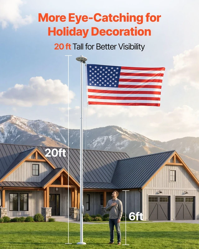Alt view image 4 of 8 - VEVOR Flag Pole, 20ft Heavy Duty Sectional Flagpole Kit with 136 LED Solar Light for Outside House In Ground, Outdoor Aluminum Flagpole with 3x5 American Flag for Yard, Residential, Commercial, Silver