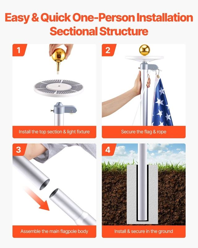Alt view image 5 of 8 - VEVOR Flag Pole, 20ft Heavy Duty Sectional Flagpole Kit with 136 LED Solar Light for Outside House In Ground, Outdoor Aluminum Flagpole with 3x5 American Flag for Yard, Residential, Commercial, Silver