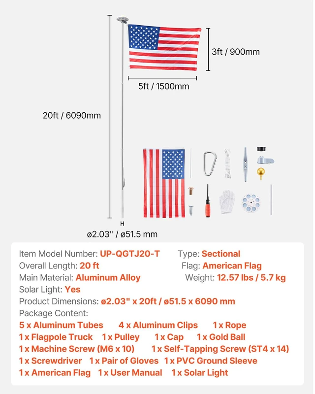 Alt view image 7 of 8 - VEVOR Flag Pole, 20ft Heavy Duty Sectional Flagpole Kit with 136 LED Solar Light for Outside House In Ground, Outdoor Aluminum Flagpole with 3x5 American Flag for Yard, Residential, Commercial, Silver