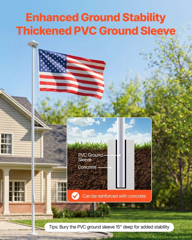Alt view image 6 of 8 - VEVOR Flag Pole, 20ft Heavy Duty Sectional Flagpole Kit with 136 LED Solar Light for Outside House In Ground, Outdoor Aluminum Flagpole with 3x5 American Flag for Yard, Residential, Commercial, Silver