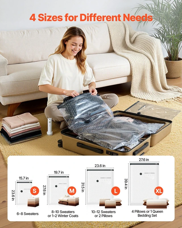Alt view image 2 of 8 - VEVOR Vacuum Storage Bags, 26 Pack Space Saver Vacuum Seal Bags for Clothing, with Pump and Charging Cable, Double Zipper Seal, Thickened PA and PE, Compression for Clothes Storage, Travel Luggage