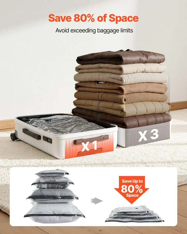 Alt view image 3 of 8 - VEVOR Vacuum Storage Bags, 26 Pack Space Saver Vacuum Seal Bags for Clothing, with Pump and Charging Cable, Double Zipper Seal, Thickened PA and PE, Compression for Clothes Storage, Travel Luggage