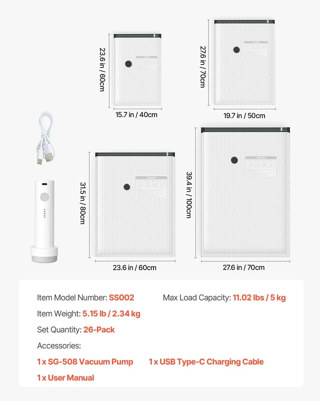 Alt view image 7 of 8 - VEVOR Vacuum Storage Bags, 26 Pack Space Saver Vacuum Seal Bags for Clothing, with Pump and Charging Cable, Double Zipper Seal, Thickened PA and PE, Compression for Clothes Storage, Travel Luggage