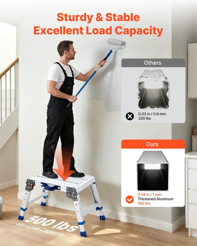 Alt view image 2 of 8 - VEVOR Folding Work Platform, Adjustable Height 12-16 in, 500 lbs Capacity Aluminum Step Stool, Heavy Duty Non-Slip Platform Ladder, Portable Work Bench for Painting, Cleaning, Home & Professional Use