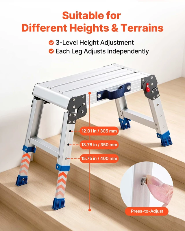 Alt view image 3 of 8 - VEVOR Folding Work Platform, Adjustable Height 12-16 in, 500 lbs Capacity Aluminum Step Stool, Heavy Duty Non-Slip Platform Ladder, Portable Work Bench for Painting, Cleaning, Home & Professional Use