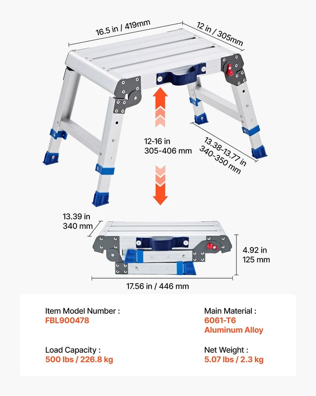 Alt view image 7 of 8 - VEVOR Folding Work Platform, Adjustable Height 12-16 in, 500 lbs Capacity Aluminum Step Stool, Heavy Duty Non-Slip Platform Ladder, Portable Work Bench for Painting, Cleaning, Home & Professional Use