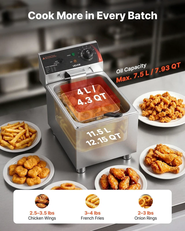 Alt view image 2 of 8 - VEVOR Commercial Electric Deep Fryer, 12.15 Qt, 1750W Stainless Steel Countertop Fryer with Basket and Lid, Overheat Protection, Temp Control, Adjustable Feet for Commercial Restaurant Use, Silver