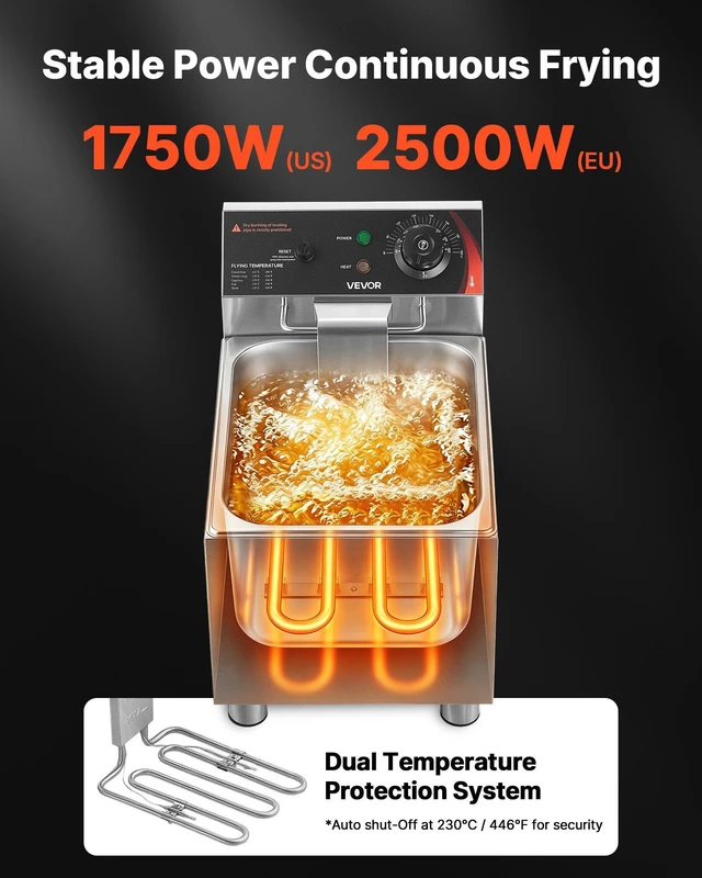 Alt view image 3 of 8 - VEVOR Commercial Electric Deep Fryer, 12.15 Qt, 1750W Stainless Steel Countertop Fryer with Basket and Lid, Overheat Protection, Temp Control, Adjustable Feet for Commercial Restaurant Use, Silver