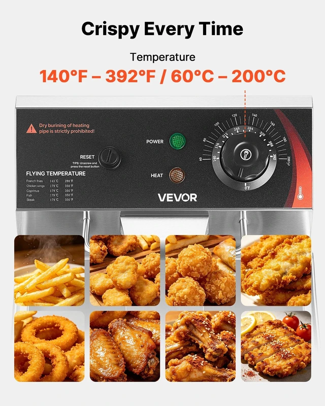 Alt view image 4 of 8 - VEVOR Commercial Electric Deep Fryer, 12.15 Qt, 1750W Stainless Steel Countertop Fryer with Basket and Lid, Overheat Protection, Temp Control, Adjustable Feet for Commercial Restaurant Use, Silver