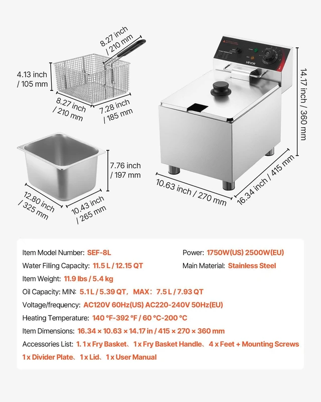 Alt view image 7 of 8 - VEVOR Commercial Electric Deep Fryer, 12.15 Qt, 1750W Stainless Steel Countertop Fryer with Basket and Lid, Overheat Protection, Temp Control, Adjustable Feet for Commercial Restaurant Use, Silver