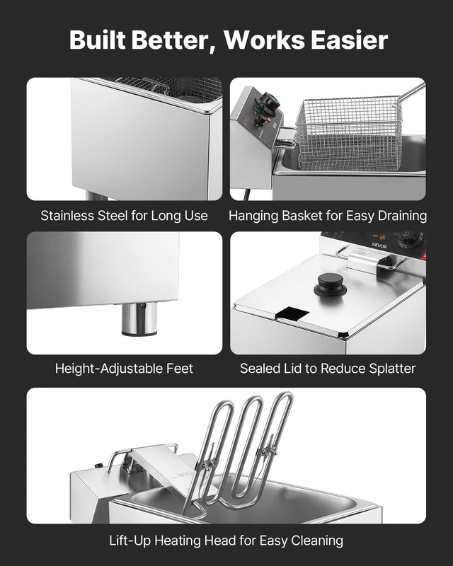Alt view image 6 of 8 - VEVOR Commercial Electric Deep Fryer, 12.15 Qt, 1750W Stainless Steel Countertop Fryer with Basket and Lid, Overheat Protection, Temp Control, Adjustable Feet for Commercial Restaurant Use, Silver