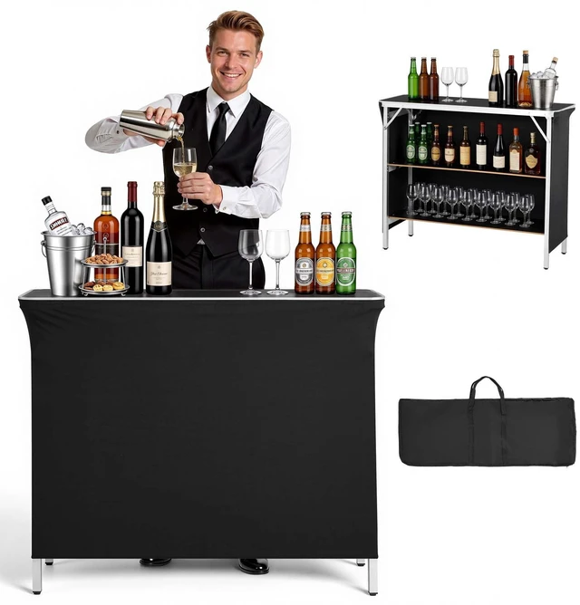 Main image of VEVOR Folding Portable Bar Table, 43.3 x 15.2 x 34.8 in, with Carry Bag, 2 Storage Shelves, and Detachable Skirt, Quick and Easy Setup, Foldable Mobile Bartending Station for Events, Party, Tradeshow
