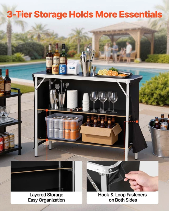 Alt view image 3 of 8 - VEVOR Folding Portable Bar Table, 43.3 x 15.2 x 34.8 in, with Carry Bag, 2 Storage Shelves, and Detachable Skirt, Quick and Easy Setup, Foldable Mobile Bartending Station for Events, Party, Tradeshow