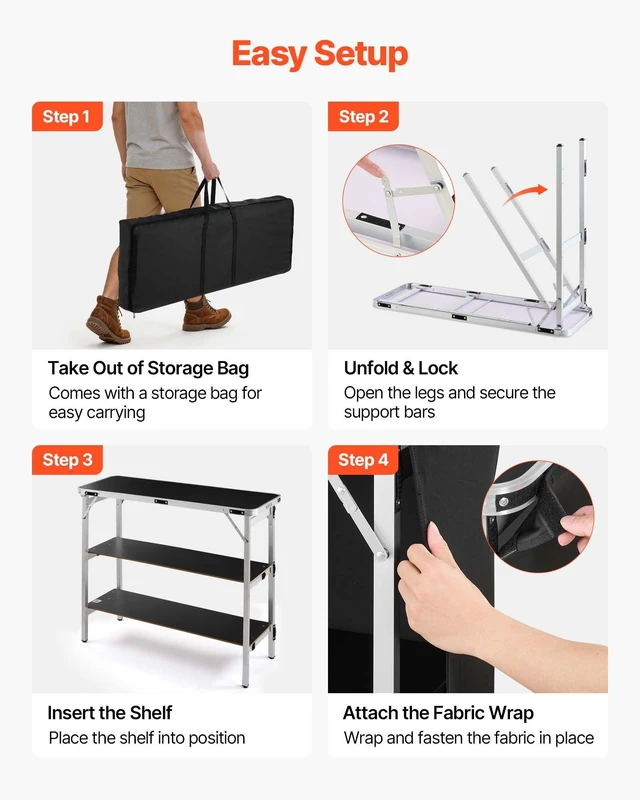 Alt view image 5 of 8 - VEVOR Folding Portable Bar Table, 43.3 x 15.2 x 34.8 in, with Carry Bag, 2 Storage Shelves, and Detachable Skirt, Quick and Easy Setup, Foldable Mobile Bartending Station for Events, Party, Tradeshow