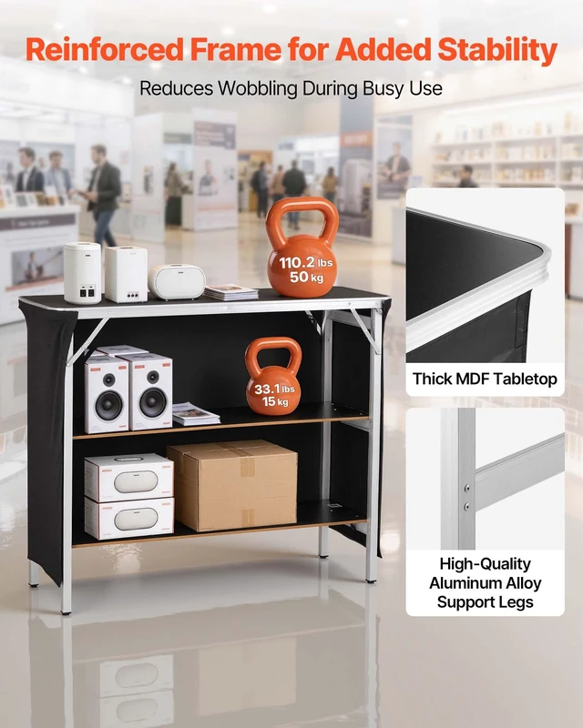 Alt view image 4 of 8 - VEVOR Folding Portable Bar Table, 43.3 x 15.2 x 34.8 in, with Carry Bag, 2 Storage Shelves, and Detachable Skirt, Quick and Easy Setup, Foldable Mobile Bartending Station for Events, Party, Tradeshow