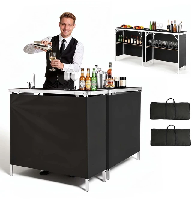 Main image of VEVOR Folding Portable Bar Table, 2 pcs, 38.6 x 15.2 x 34.3 in, with Carry Bag, Storage Shelf, Detachable Skirt, Quick and Easy Setup, Foldable Mobile Bartending Station for Events, Party, Tradeshow