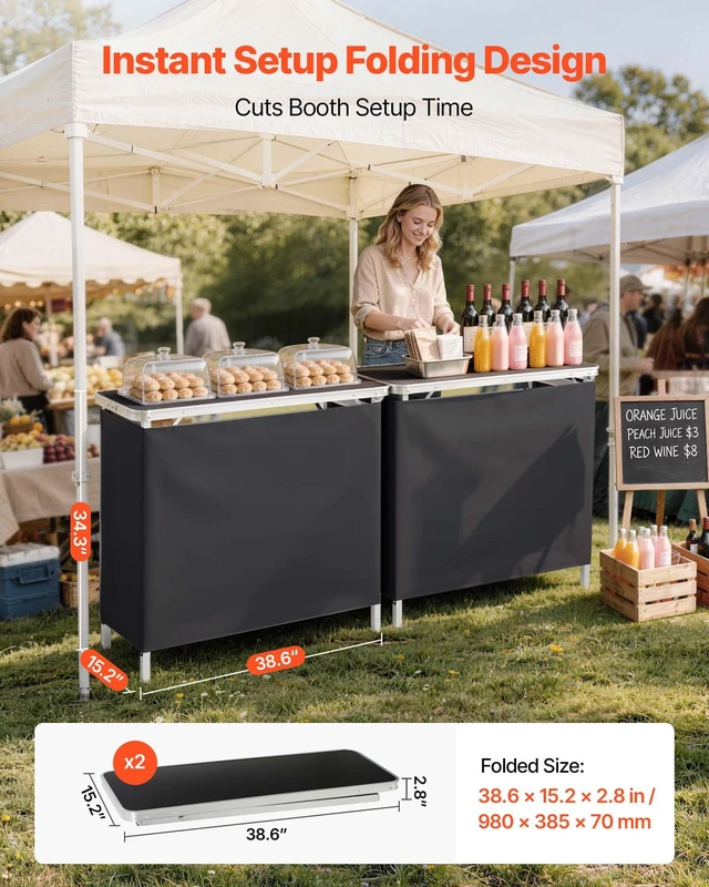 Alt view image 2 of 8 - VEVOR Folding Portable Bar Table, 2 pcs, 38.6 x 15.2 x 34.3 in, with Carry Bag, Storage Shelf, Detachable Skirt, Quick and Easy Setup, Foldable Mobile Bartending Station for Events, Party, Tradeshow