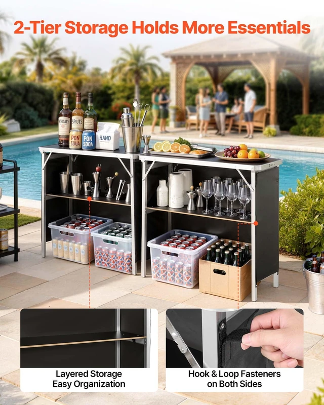 Alt view image 3 of 8 - VEVOR Folding Portable Bar Table, 2 pcs, 38.6 x 15.2 x 34.3 in, with Carry Bag, Storage Shelf, Detachable Skirt, Quick and Easy Setup, Foldable Mobile Bartending Station for Events, Party, Tradeshow