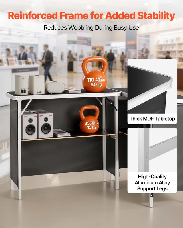 Alt view image 4 of 8 - VEVOR Folding Portable Bar Table, 2 pcs, 38.6 x 15.2 x 34.3 in, with Carry Bag, Storage Shelf, Detachable Skirt, Quick and Easy Setup, Foldable Mobile Bartending Station for Events, Party, Tradeshow