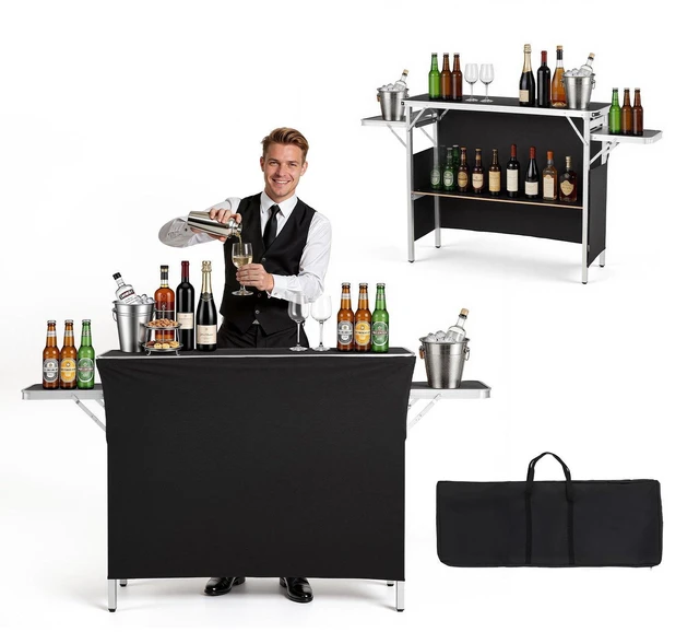 Main image of VEVOR Folding Portable Bar Table, 43.3 x 15.4 x 34.6 in, with Carry Bag, Storage Shelf, and Detachable Skirt, Quick and Easy Setup, Foldable Mobile Bartending Station for Events, Party, Tradeshow