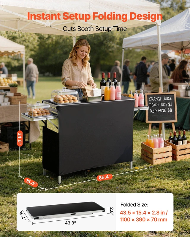 Alt view image 2 of 8 - VEVOR Folding Portable Bar Table, 43.3 x 15.4 x 34.6 in, with Carry Bag, Storage Shelf, and Detachable Skirt, Quick and Easy Setup, Foldable Mobile Bartending Station for Events, Party, Tradeshow