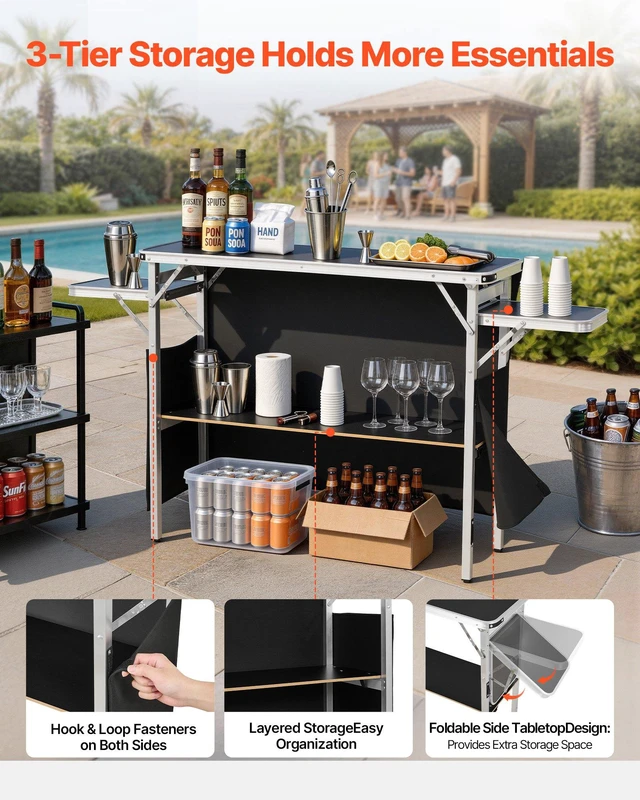 Alt view image 3 of 8 - VEVOR Folding Portable Bar Table, 43.3 x 15.4 x 34.6 in, with Carry Bag, Storage Shelf, and Detachable Skirt, Quick and Easy Setup, Foldable Mobile Bartending Station for Events, Party, Tradeshow