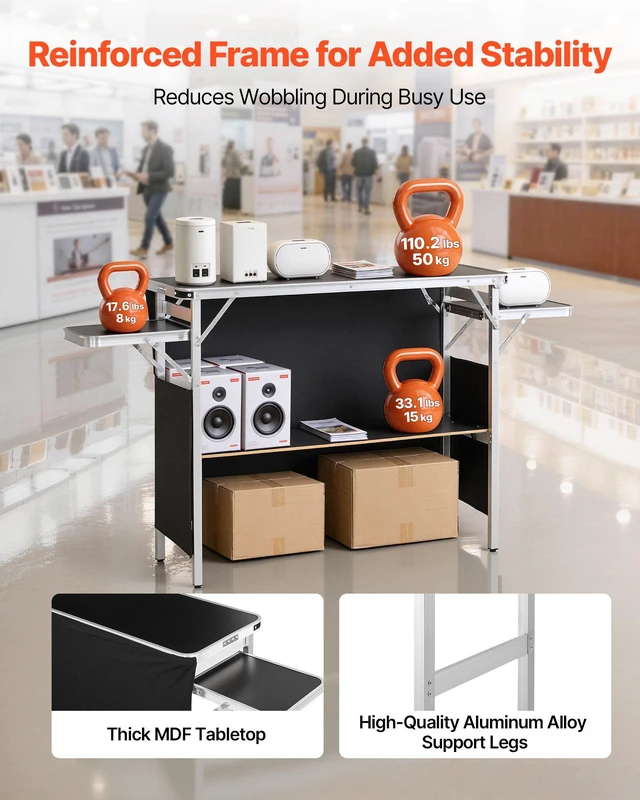Alt view image 4 of 8 - VEVOR Folding Portable Bar Table, 43.3 x 15.4 x 34.6 in, with Carry Bag, Storage Shelf, and Detachable Skirt, Quick and Easy Setup, Foldable Mobile Bartending Station for Events, Party, Tradeshow
