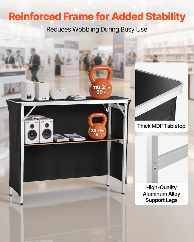 Alt view image 4 of 8 - VEVOR Folding Portable Bar Table, 43.3 x 15.2 x 34.8 in, with Carry Bag, Storage Shelf, and Detachable Skirt, Quick and Easy Setup, Foldable Mobile Bartending Station for Events, Party, Tradeshow