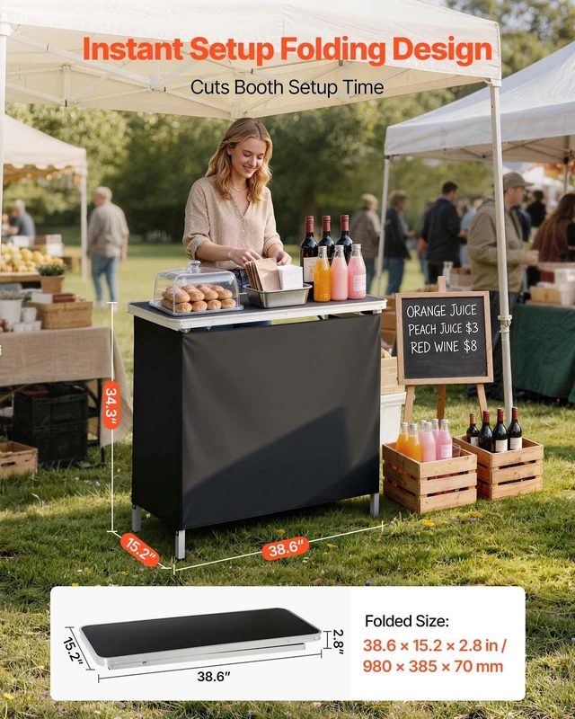 Alt view image 2 of 8 - VEVOR Folding Portable Bar Table, 38.6 x 15.2 x 34.3 in, with Carry Bag, Storage Shelf, and Detachable Skirt, Quick and Easy Setup, Foldable Mobile Bartending Station for Events, Party, Tradeshow