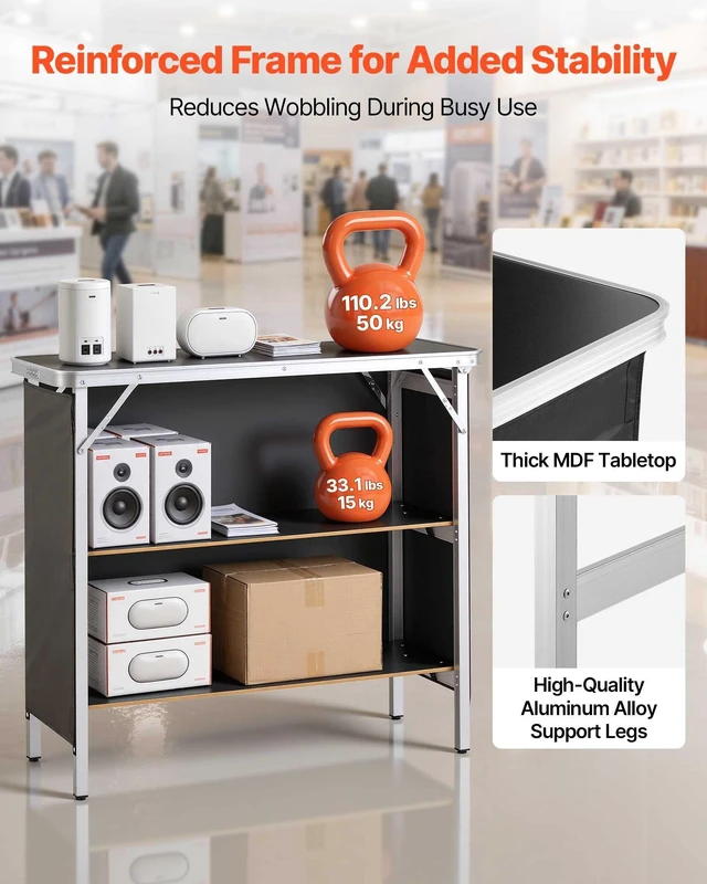 Alt view image 4 of 8 - VEVOR Folding Portable Bar Table, 38.6 x 15.2 x 34.3 in, with Carry Bag, Storage Shelf, and Detachable Skirt, Quick and Easy Setup, Foldable Mobile Bartending Station for Events, Party, Tradeshow