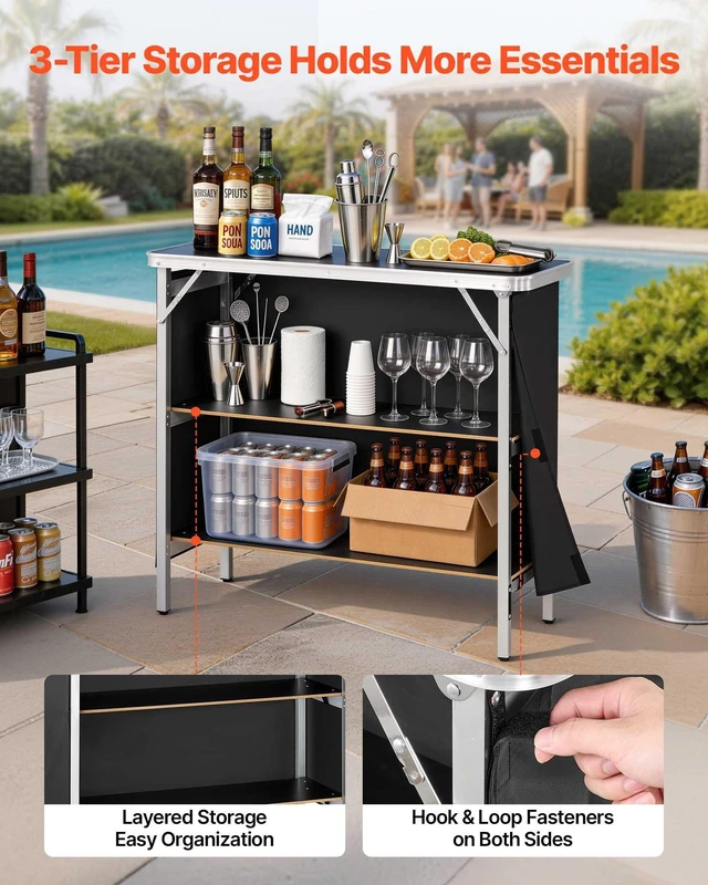 Alt view image 3 of 8 - VEVOR Folding Portable Bar Table, 38.6 x 15.2 x 34.3 in, with Carry Bag, Storage Shelf, and Detachable Skirt, Quick and Easy Setup, Foldable Mobile Bartending Station for Events, Party, Tradeshow