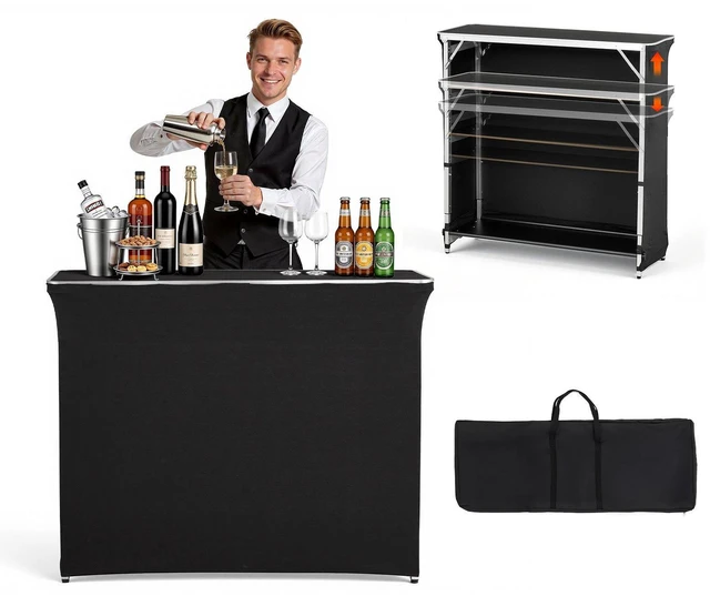 Main image of VEVOR Folding Portable Bar Table, 43.5 x 15.4 x 39.8 in, with Carry Bag, 2 Storage Shelves, and Detachable Skirt, Quick and Easy Setup, Foldable Mobile Bartending Station for Events, Party, Tradeshow