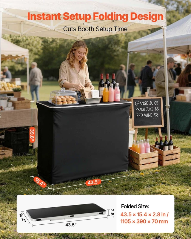 Alt view image 2 of 8 - VEVOR Folding Portable Bar Table, 43.5 x 15.4 x 39.8 in, with Carry Bag, 2 Storage Shelves, and Detachable Skirt, Quick and Easy Setup, Foldable Mobile Bartending Station for Events, Party, Tradeshow